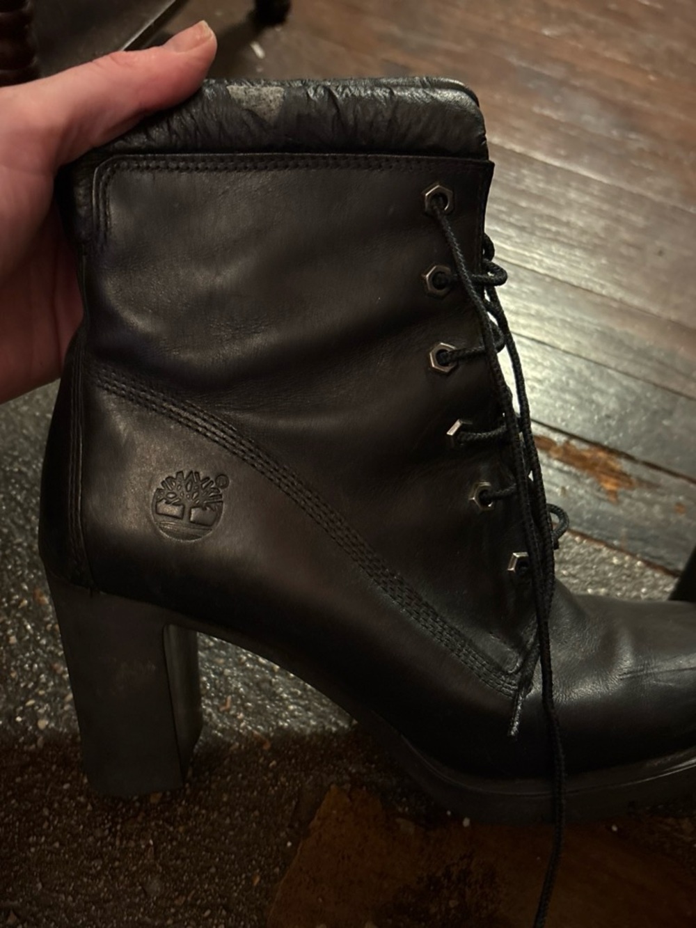 Timberland Black Leather Lace-Up Block Heel Ankle Boots